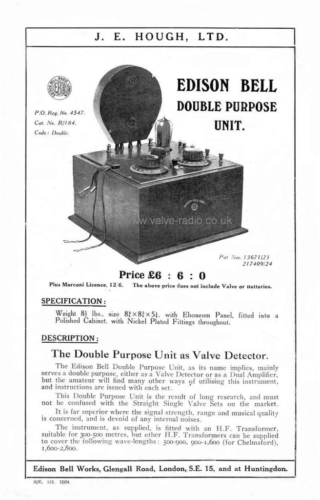 Edison Bell Valve Detector and Amplifier, Dual Purpose Unit (DPU)